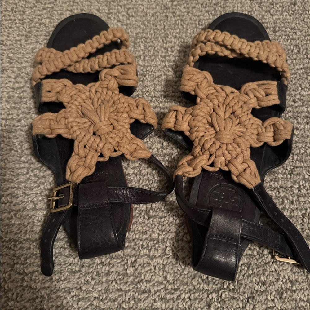Tory Burch Black and Brown crochet Sandals